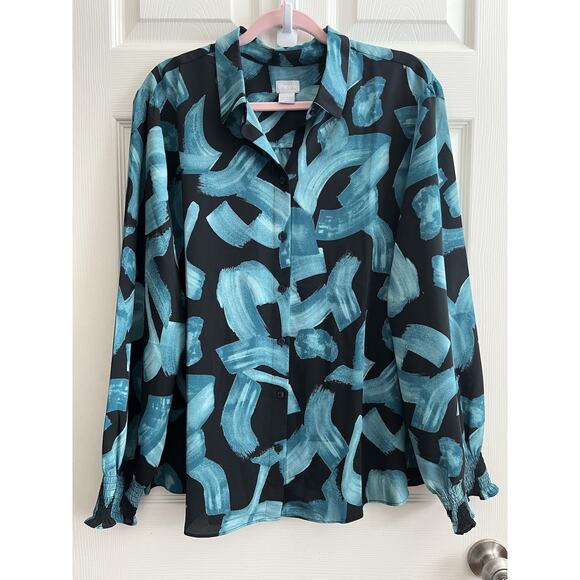 CHICO’S Plus Blue-Black Abstract Button Front Career Blouse Top - Picture 1 of 10